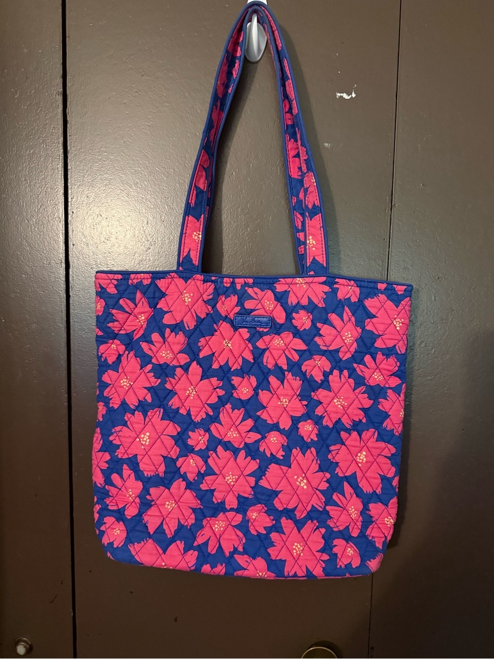 Vera Bradley Blue Quilted Tote with Art Poppies Pink Floral Print
